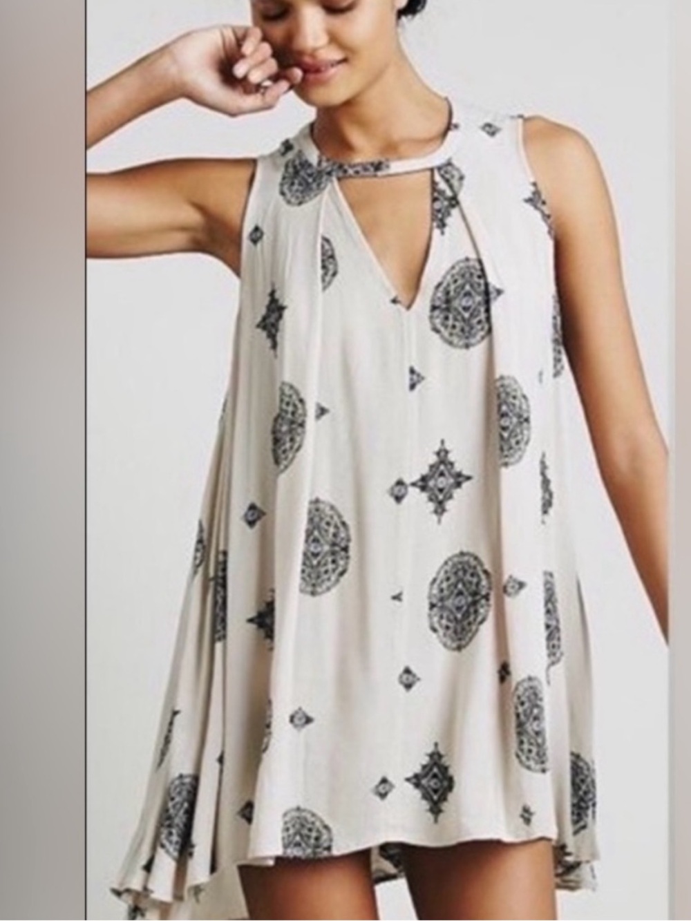 Free People Sleeveless Ivory Swing Dress with Boho Print